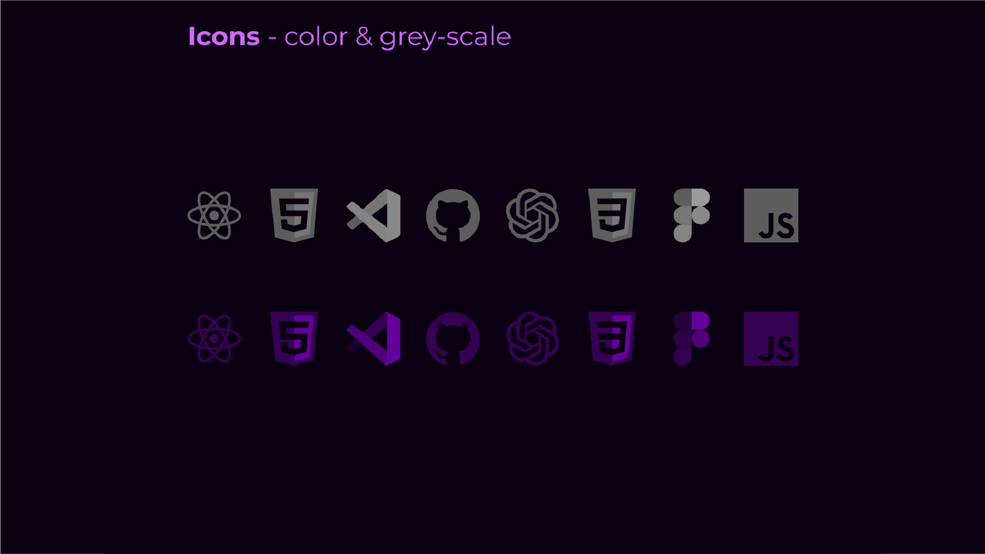 A grid of web development technology icons displayed in both greyscale and custom purple color variations.