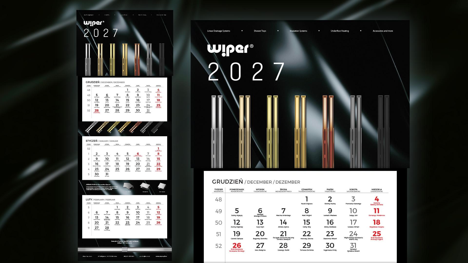 Mockup for a calendar with linear drains in different colors and connectors for them. Dark themed bacgroudn with abstract teal waves.