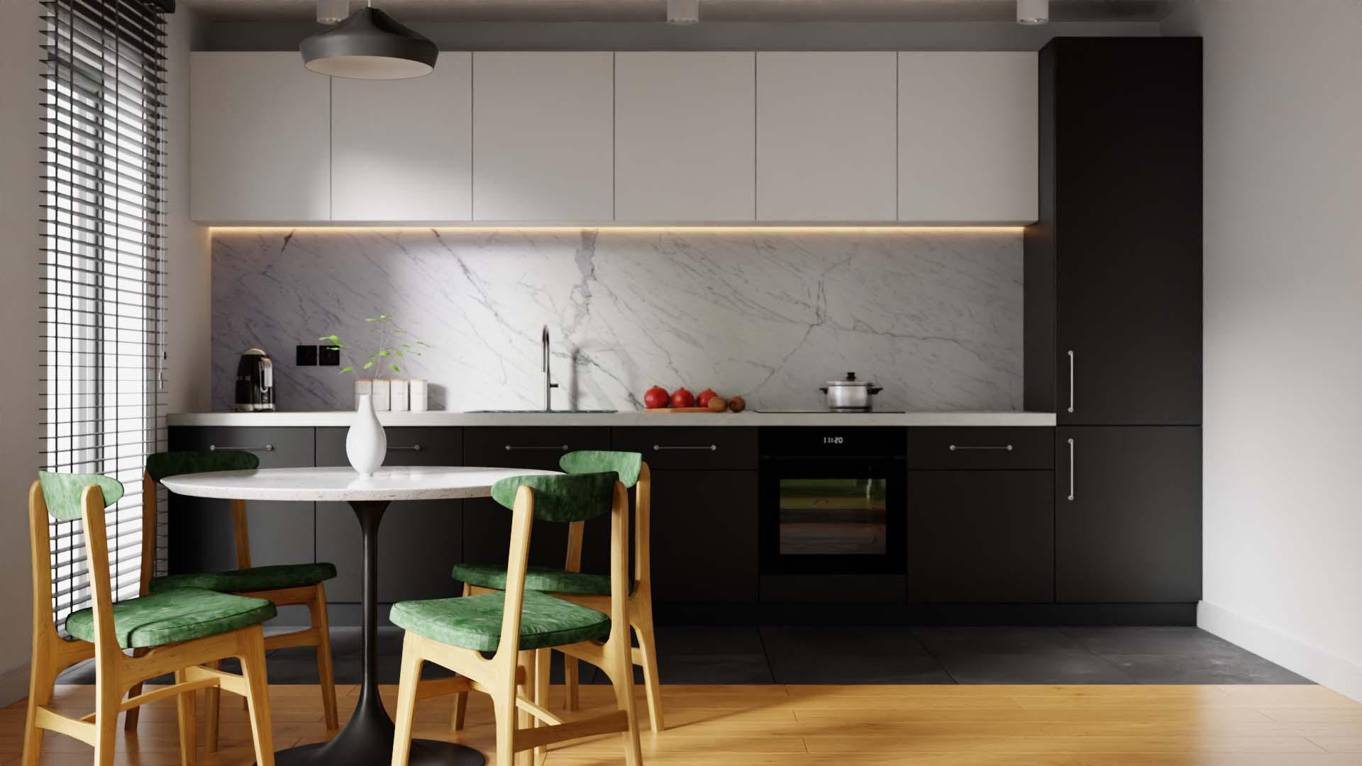 Photorealistic interior visualization showing a round white marble dining table with four green upholstered chairs and wooden legs. In the background is a modern kitchen with black lower cabinets, white upper cabinets, a marble backsplash, and under-cabinet lighting.