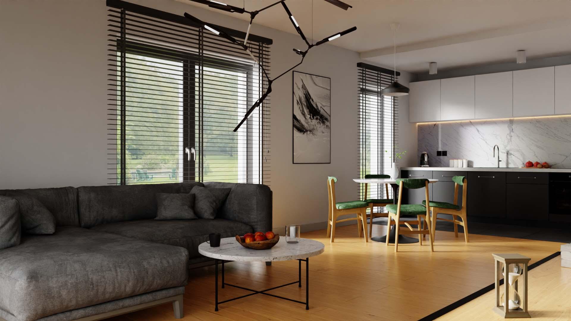 A wide shot of a modern open-plan living and dining area. A large grey L-shaped sofa is in the foreground, facing a marble coffee table with a bowl of red apples. Venetian blinds cover a large patio door. The dining table and kitchen are visible in the background.