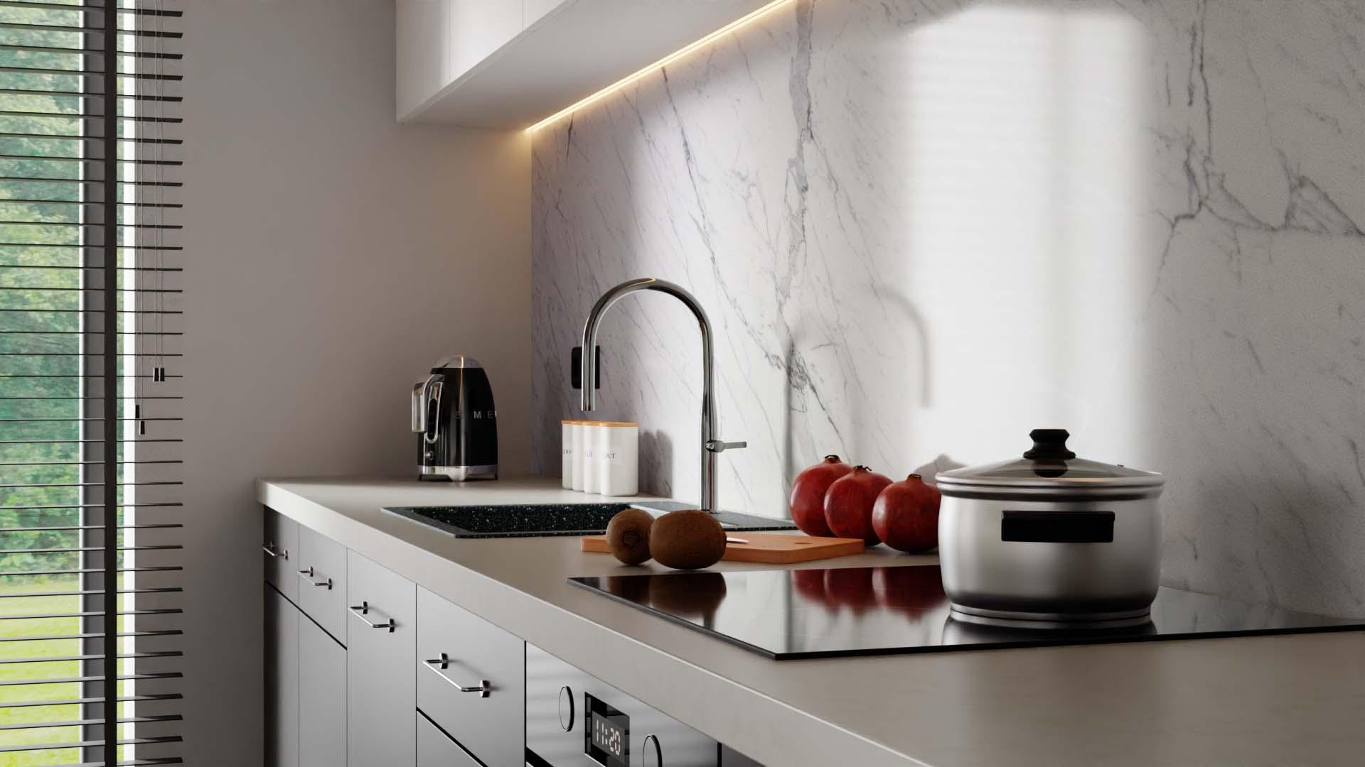 A close-up view of a modern kitchen counter with a matte black sink and sleek chrome faucet. Potted herbs, a kettle, three red apples, and a stainless steel pot on an induction cooktop are visible against a marble backsplash.