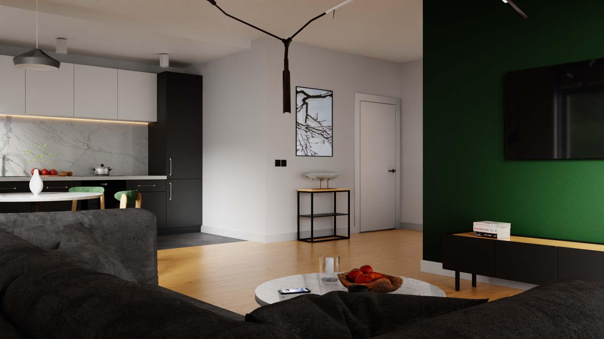 Perspective interior shot from behind a grey textured sofa, looking into an open-plan room. A marble dining table and green chairs are visible, along with the black and white kitchen. A closed white door and an abstract art piece are on the background wall.