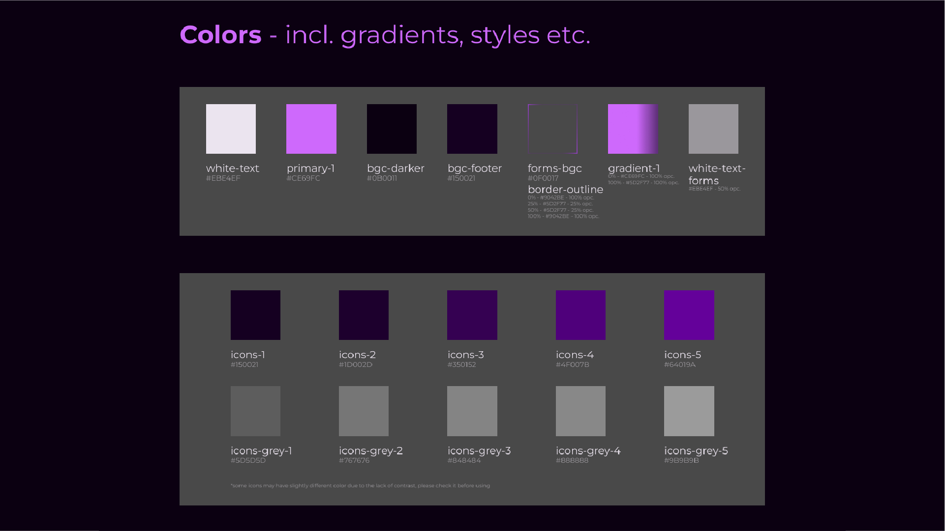 Design system color palette displaying hex codes for dark backgrounds, primary purple shades, gradients, and UI elements.
