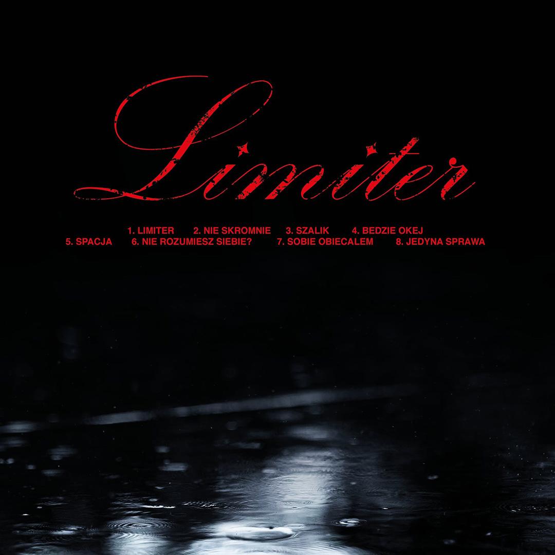 Back cover design of the Limiter EP featuring a red tracklist and stylized logo against a dark, rainy aesthetic background