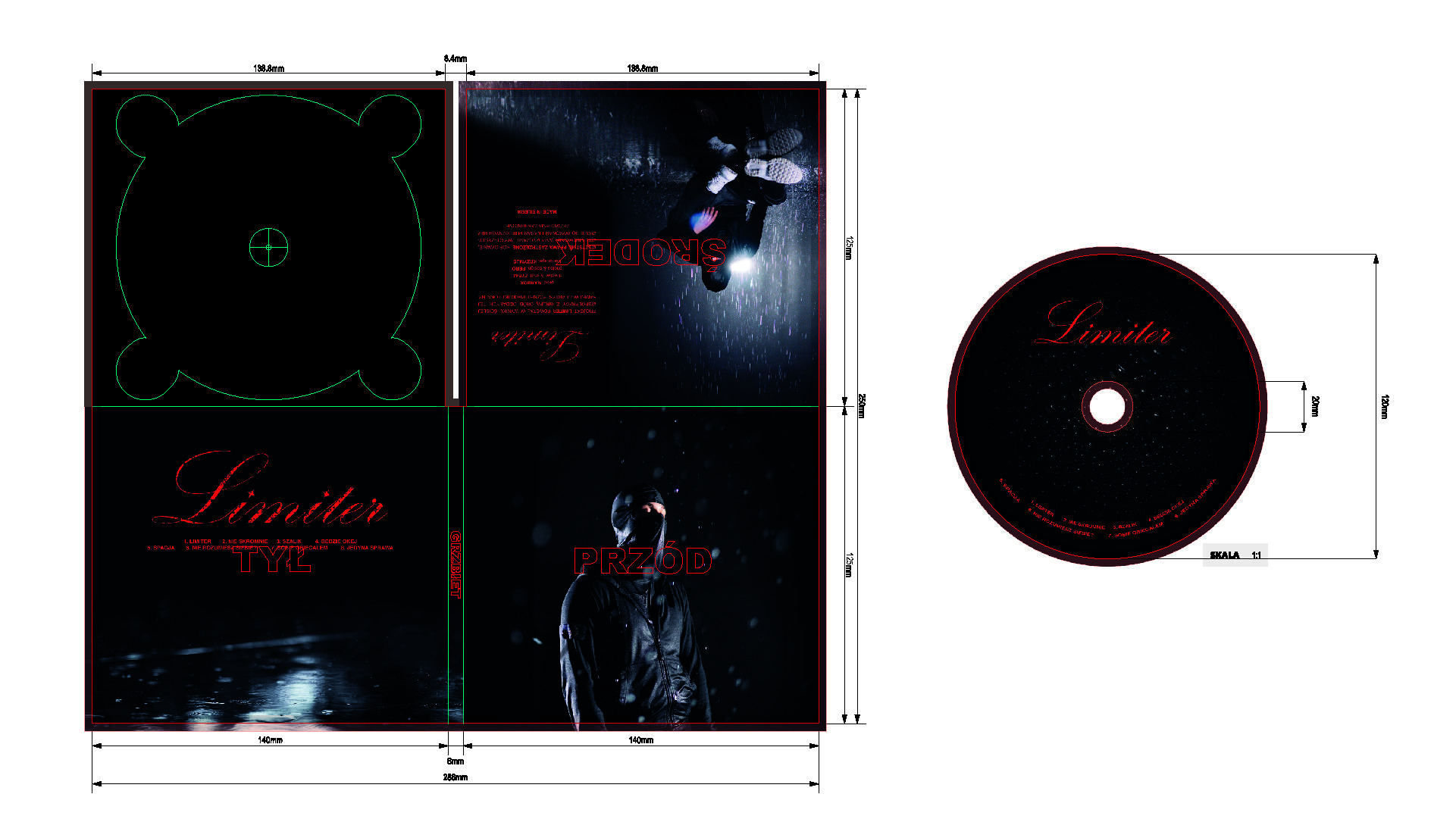 Technical print prep layout for the Limiter EP CD packaging, displaying die-cut lines, bleed margins, and precise measurements for the printing house