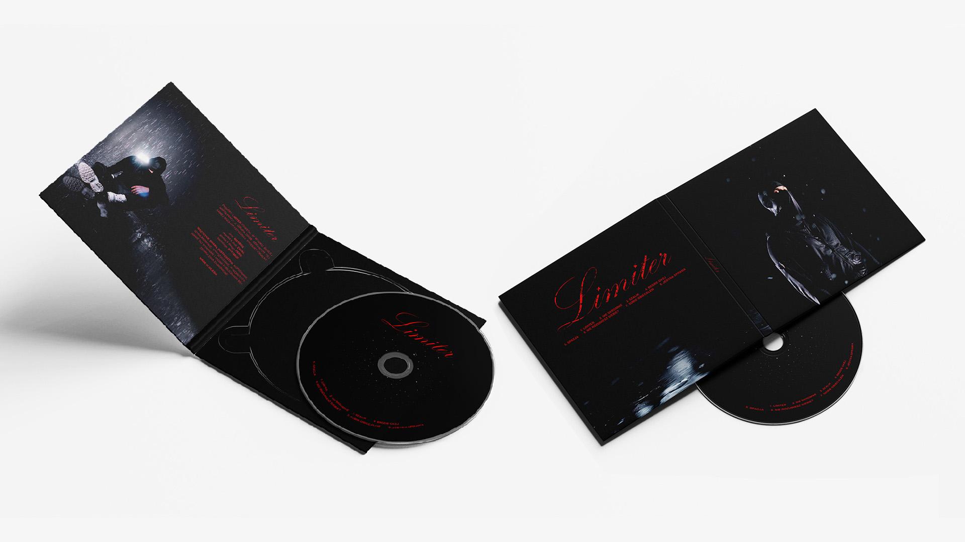 3D mockups of the Limiter EP CD digipack, showcasing both the open folder with the disc inside and the closed front cover design