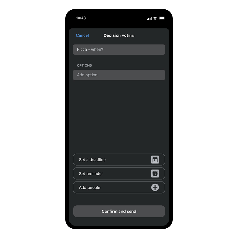 Mobile app screen showing the decision poll creation view with a simplified form and no field type selection