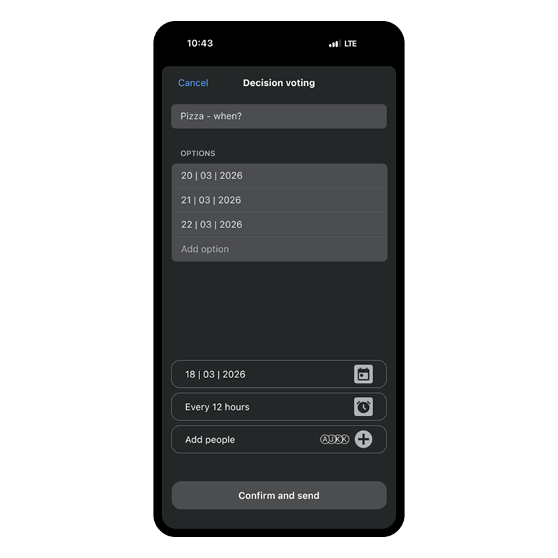 Mobile app screen displaying the option to edit an active poll and add reminders and participants