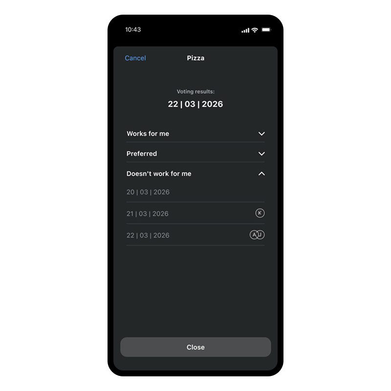 Mobile app screen presenting the voting results summary view, categorized by user preferences