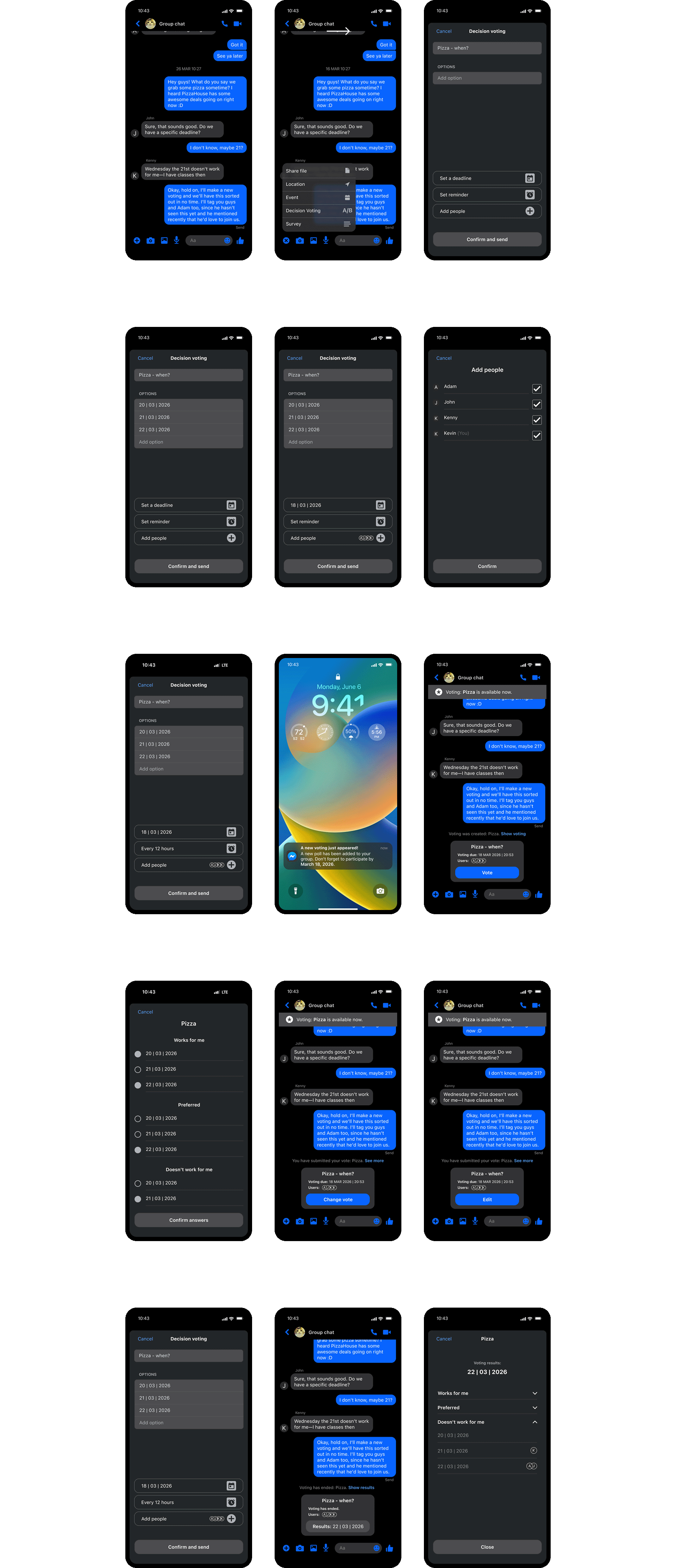 Comprehensive overview of screens showcasing the final interface design and the complete workflow of the new poll feature