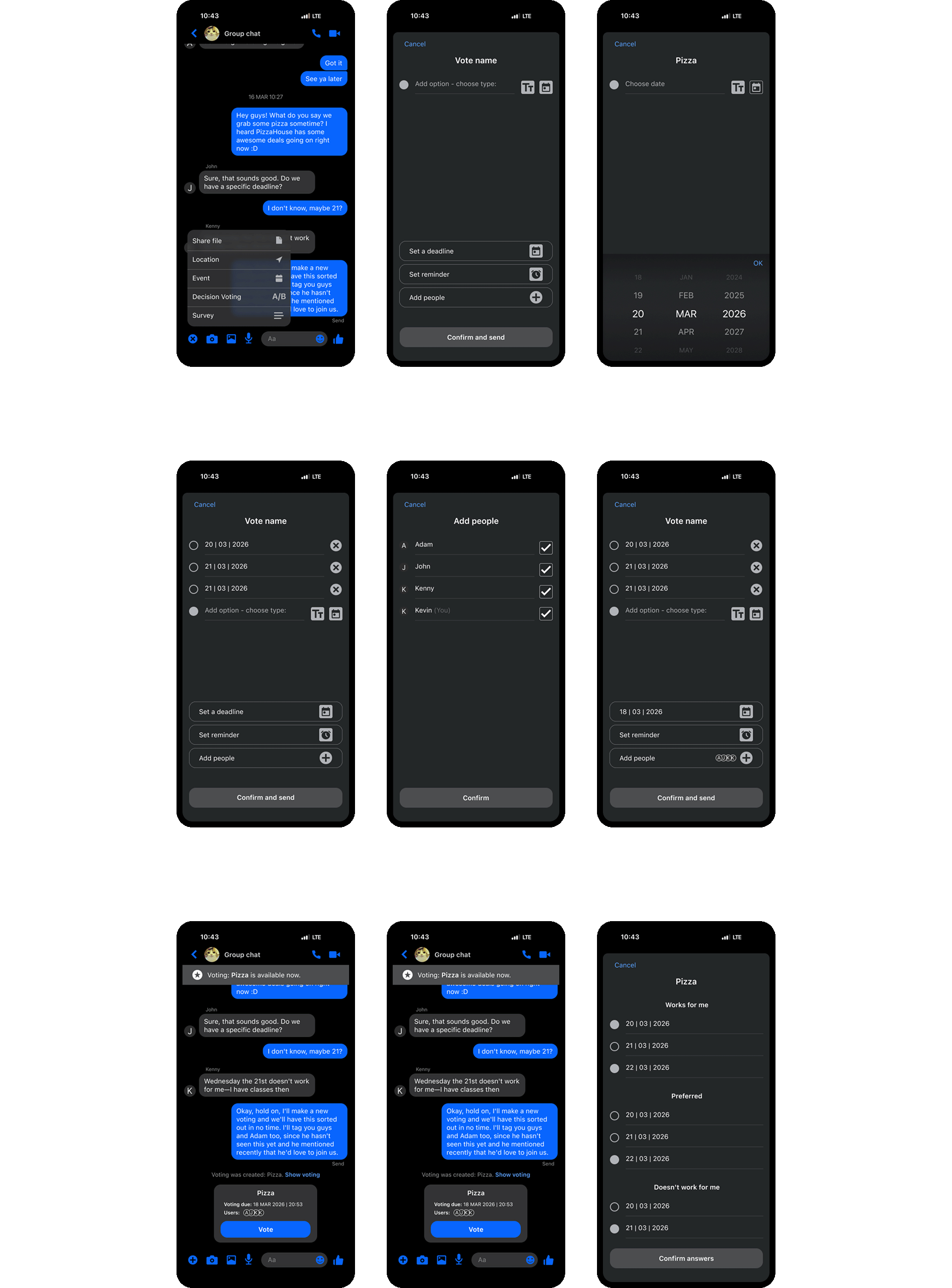 Overview of the initial screen designs for the voting feature in the chat view, before implementing feedback