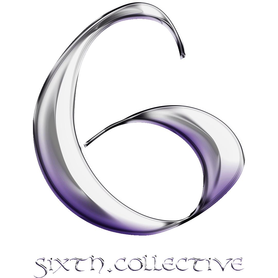 Close-up of the back print design showing a metallic, 3D stylized number 6 with purple reflections above the 'sixth.collective' text