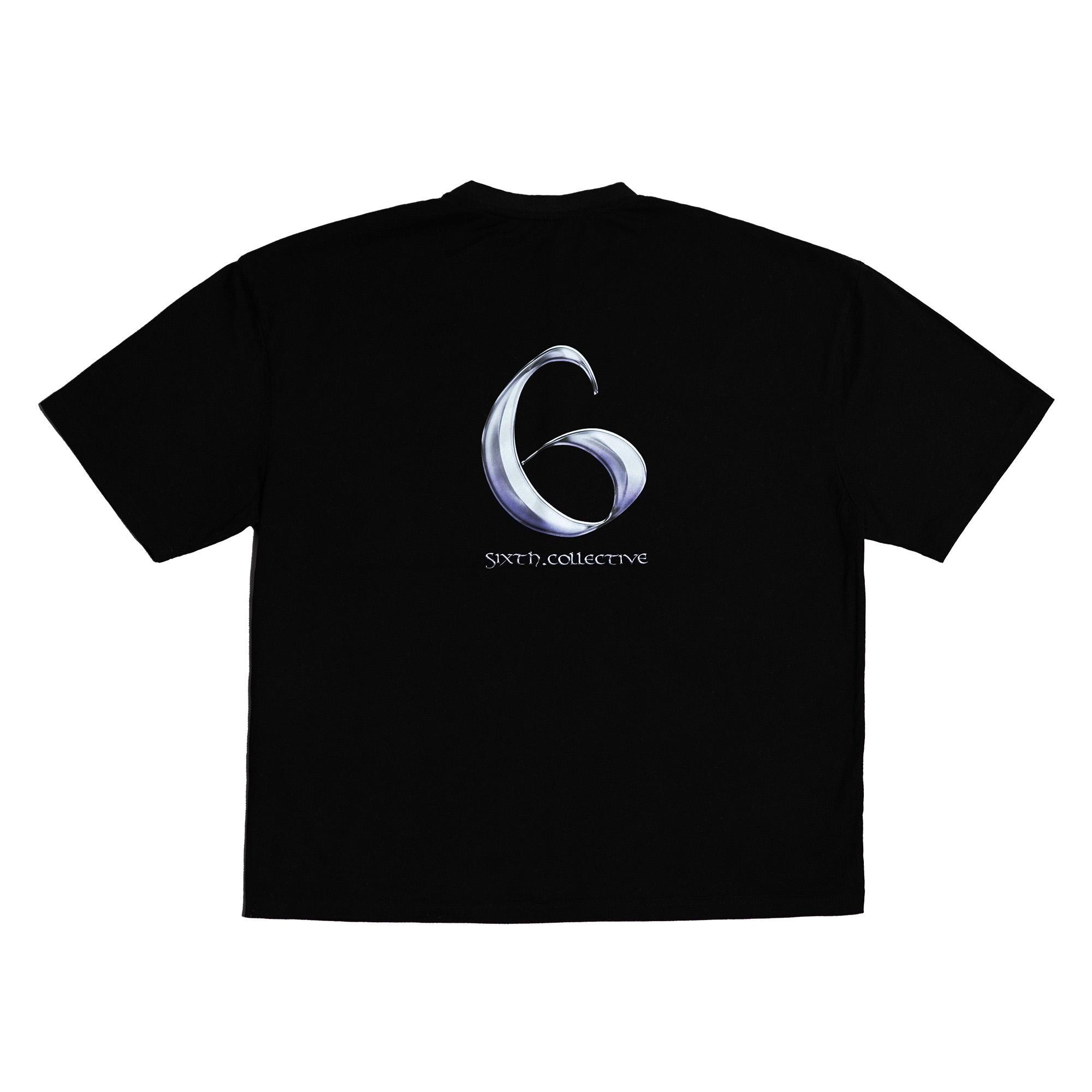 Flat lay image of a black boxy-fit t-shirt showcasing the metallic number 6 and 'sixth.collective' graphic printed on the back